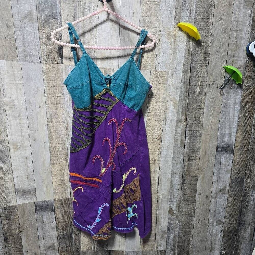 Karma Circle Multicolor Embroidered Tank Mini Dress Large Earthy Indie Hippie